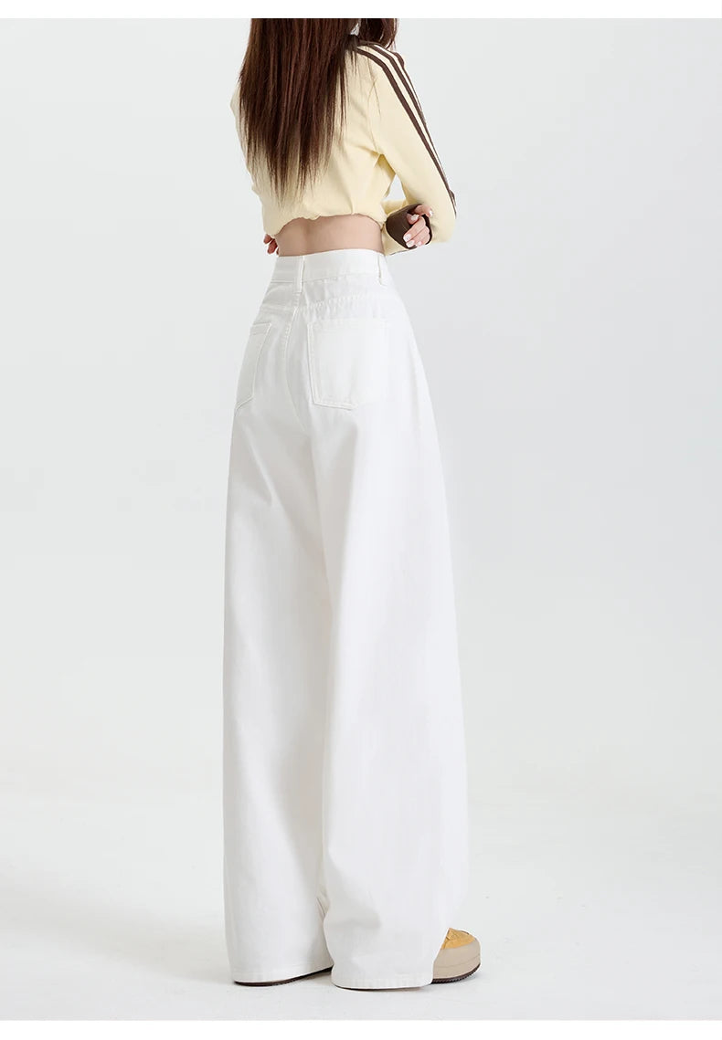 Woman Jeans High Waist Wide Leg Cotton Denim Clothing Design Sense Straight Pant Fashion Comfort White Retro Blue Casual Trouser