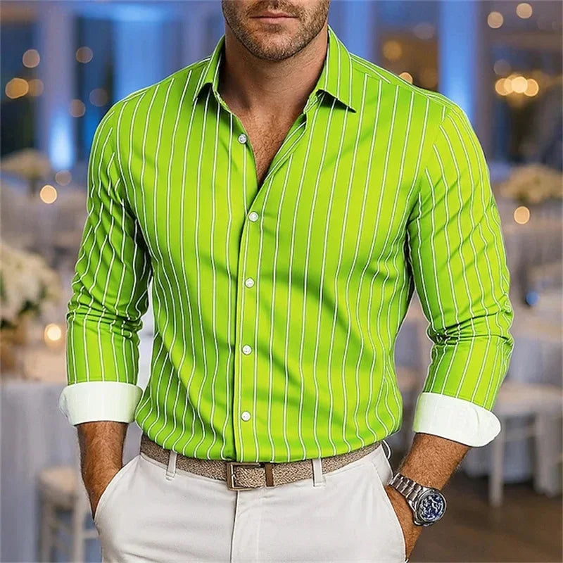 Men's loose striped shirt, casual breathable lapel button long sleeve shirt, festive wedding shirt, soft and comfortable fabric