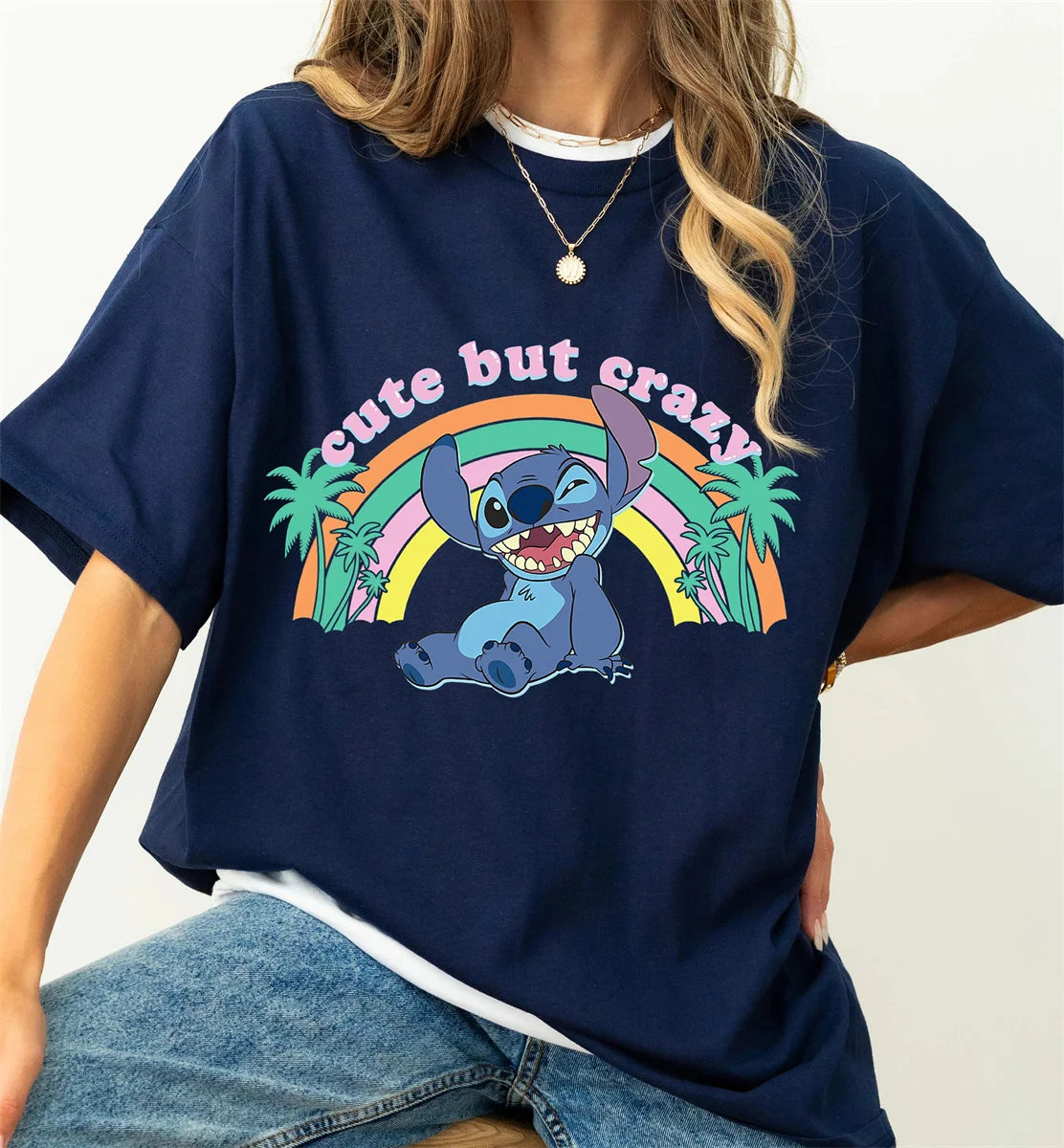 Disney Stitch Cartoon Pattern Printed Cotton Short Sleeve T-shirt Summer Women's Travel Family Party Tee Versatile Commuter Top