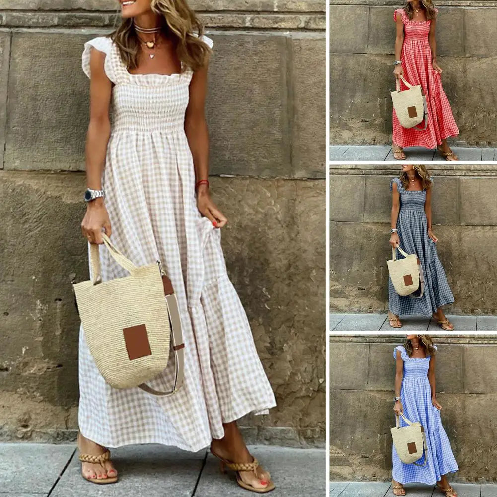 2025 Square Collar Sleeveless Women Dress Elastic Chest Wrap Ruffle Large Hem Women Plaid Print Sling Maxi Dress Summer Sundress
