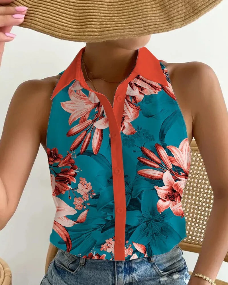 Global AliExpress Europe and America cross-border summer casual fashion one-shoulder sleeveless abstract print women's shirt