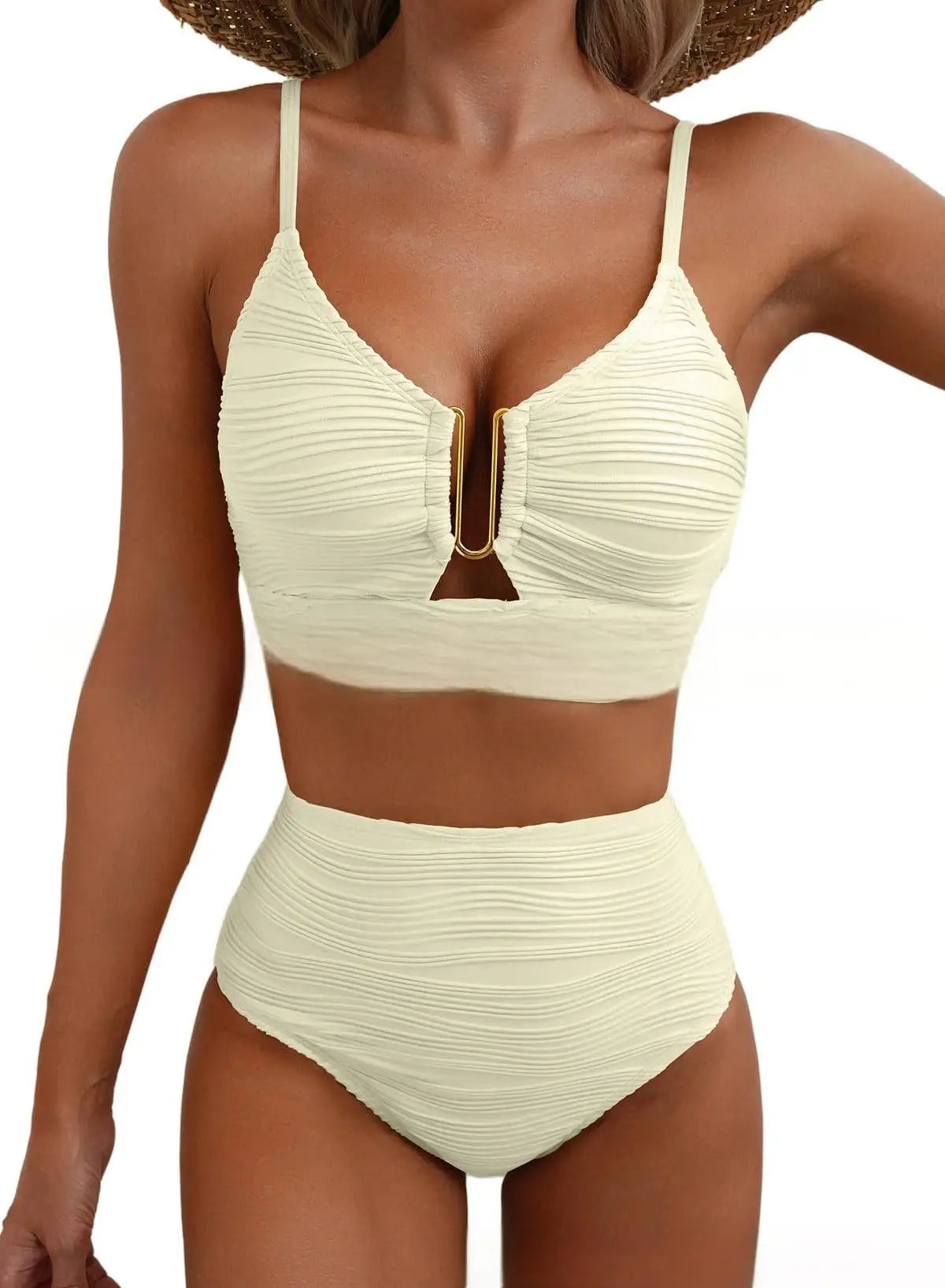 2025 Swimwear Woman Bikini Cutout V Neck Bikini Set High Waist Textured Swimsuit Adjustable Ties Women Beach Resort Wear