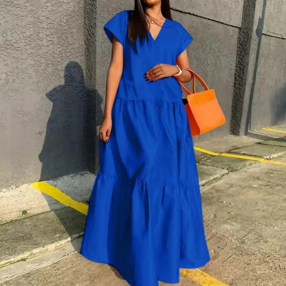 women sundress Loose V-neck Patchwork Short Sleeves Solid Color Beach Dress Summer Women Dress Elegant Large Hem Maxi Dress