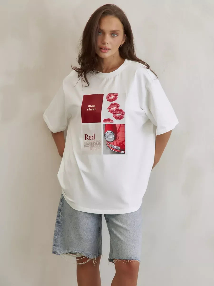 European and American Y2K Lip Printed T-shirt Women's Summer Fashion Casual Creative Streetwear Retro Short-sleeved Clothing