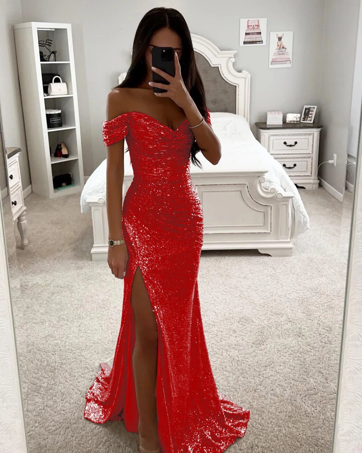 BWQ Women Off Shoulder Prom Dresses Elegant Sequin Solid Evening Party Dresses Ladies Wrap Split Sequined Maxi Formal Dress