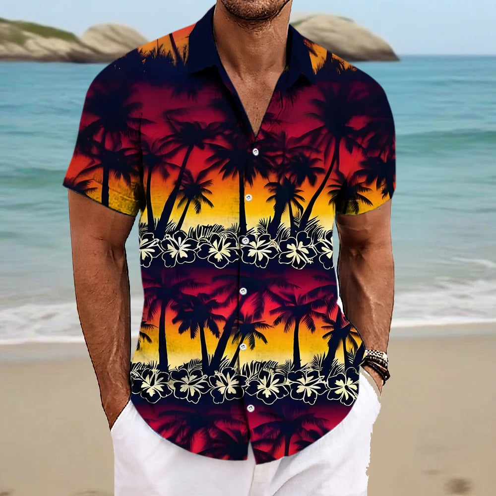 Beach Men's Lapel Shirt Summer Short Sleeve Outdoor Everyday Shirt Tops Landscape Printed Pattern OverSize Loose Men Clothing