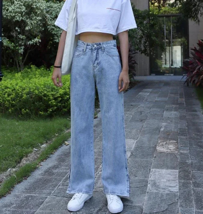 Con spacchi, jeans da donna, pantaloni in denim a gamba larga per le donne, pantaloni alla moda eleganti 2025, pantaloni larghi e lucidi più venduti in Corea del Sud.