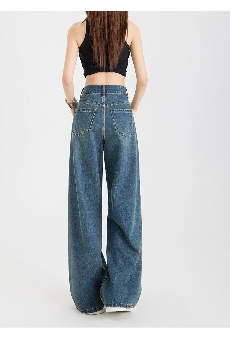 Woman Jeans High Waist Wide Leg Cotton Denim Clothing Design Sense Straight Pant Fashion Comfort White Retro Blue Casual Trouser