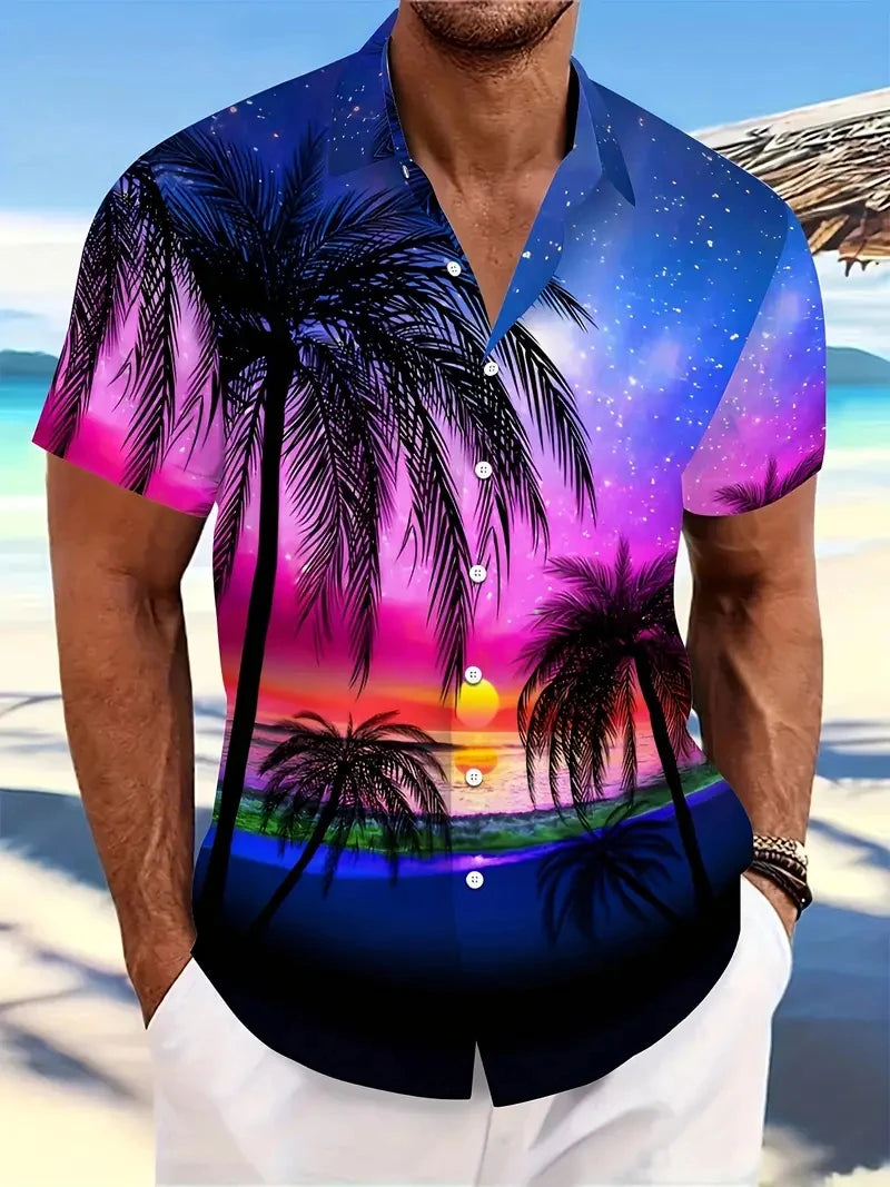 Beach Men's Lapel Shirt Summer Short Sleeve Outdoor Everyday Shirt Tops Landscape Printed Pattern OverSize Loose Men Clothing
