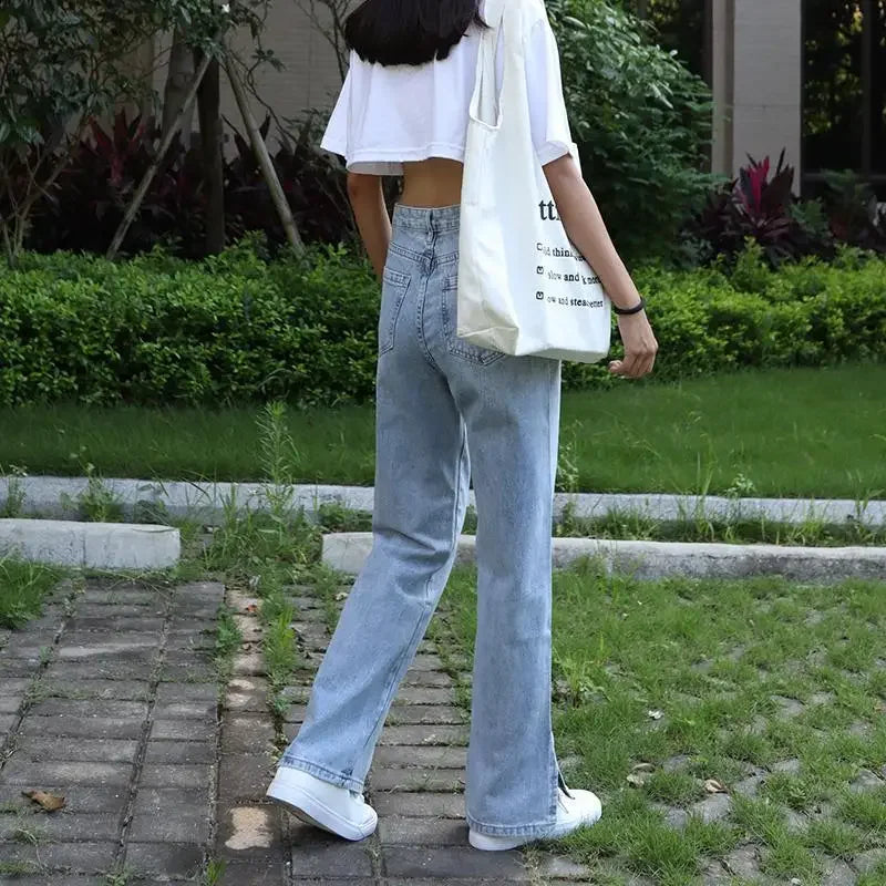 Con spacchi, jeans da donna, pantaloni in denim a gamba larga per le donne, pantaloni alla moda eleganti 2025, pantaloni larghi e lucidi più venduti in Corea del Sud.