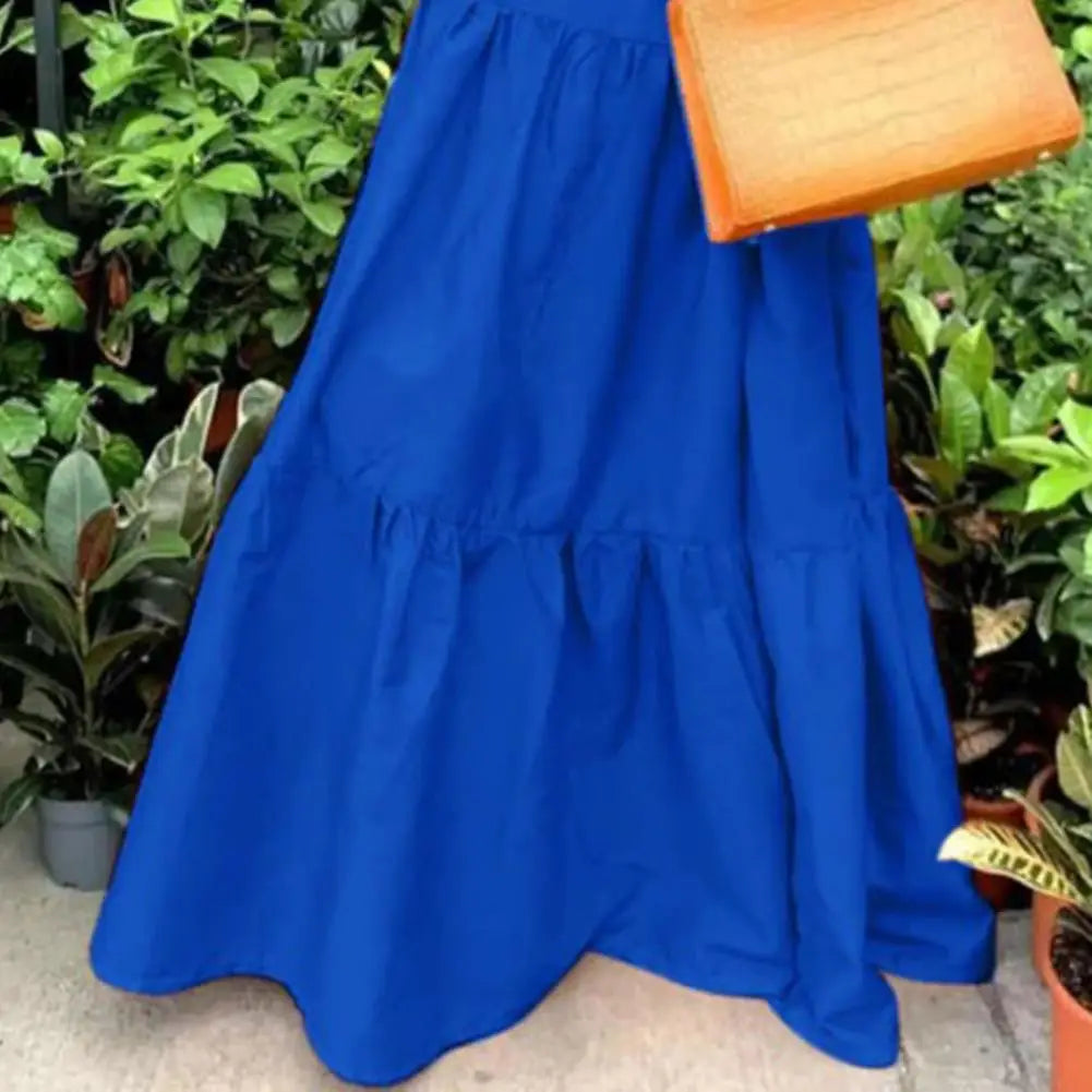 women sundress Loose V-neck Patchwork Short Sleeves Solid Color Beach Dress Summer Women Dress Elegant Large Hem Maxi Dress
