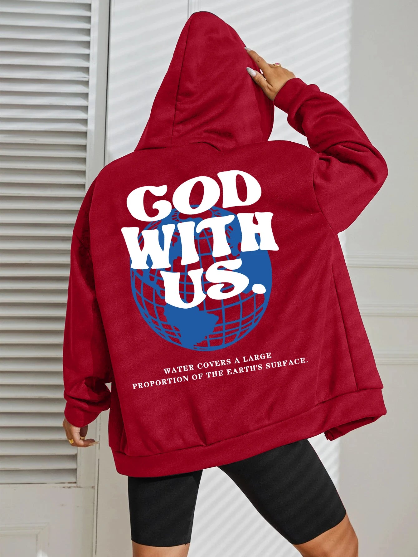God With Us Water Covers Earth Print Zipper Hoodie Women Street Fleece Hoody Fashion Casual Sportswears Autumn Loose Sportswear