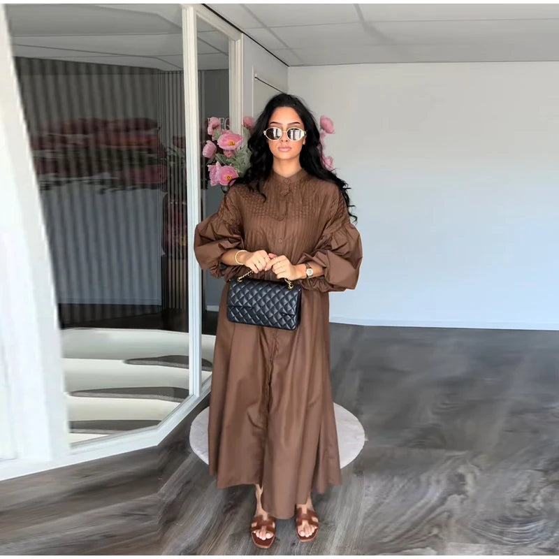 Casual Long Dress Women Loose O Neck Single Breasted Long Sleeves High Waist Robe Female 2025 Summer Fashion Solid Dresses Lady