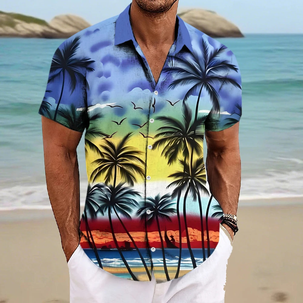 Beach Men's Lapel Shirt Summer Short Sleeve Outdoor Everyday Shirt Tops Landscape Printed Pattern OverSize Loose Men Clothing