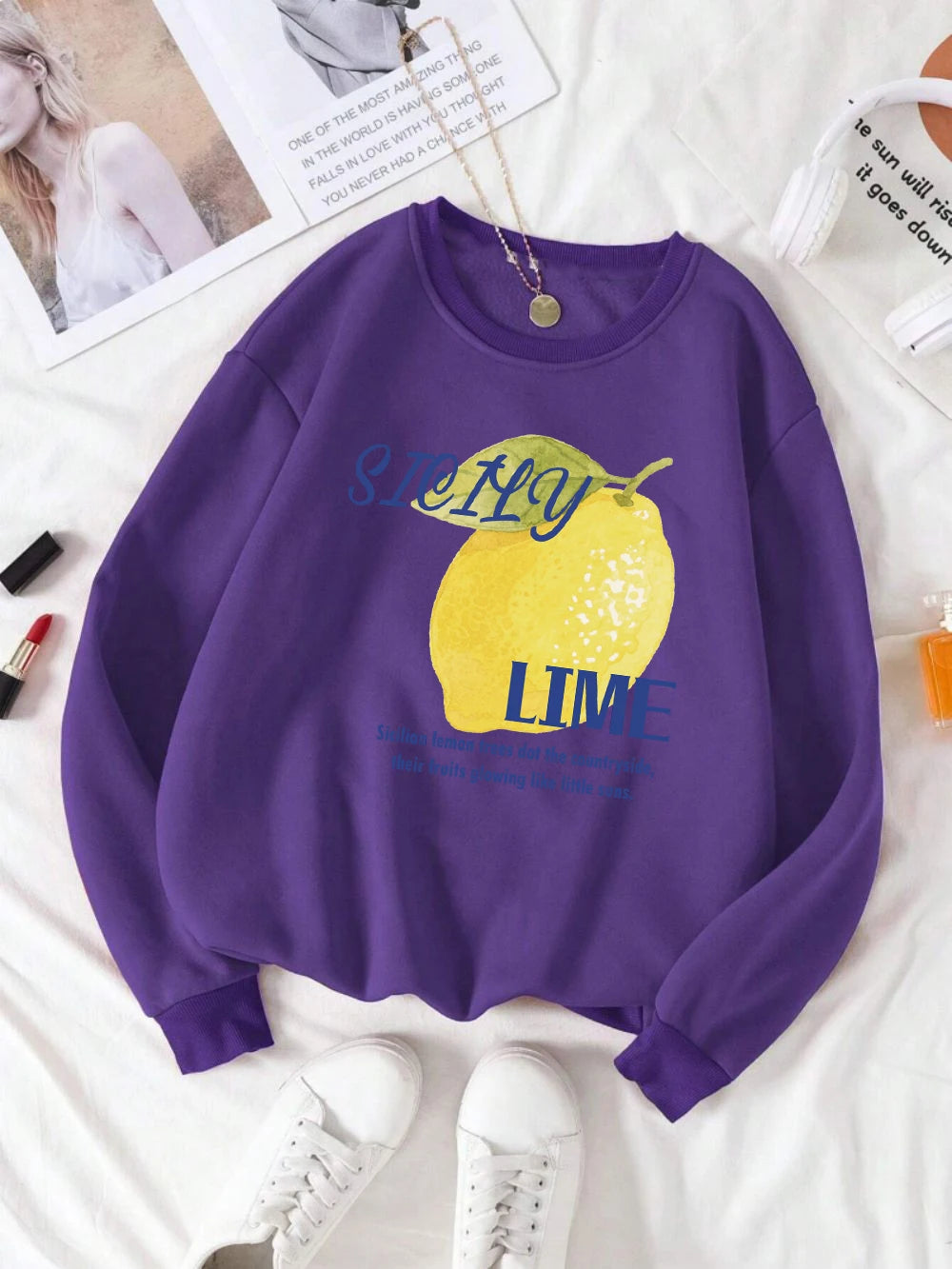 Sicily Lime Lemon Printing Hoodie Womens Casual Pocket Pullover Winter Fleece Warm Sweatshirt Comfortable Loose Womans Clothes