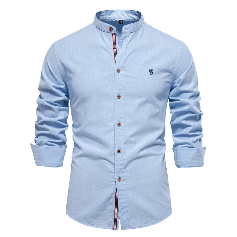 New 100% Cotton Linen Shirt Men Solid Color Embroidery Brand Shirts Blouses High Quality Long Sleeve Button Down Casual Tops