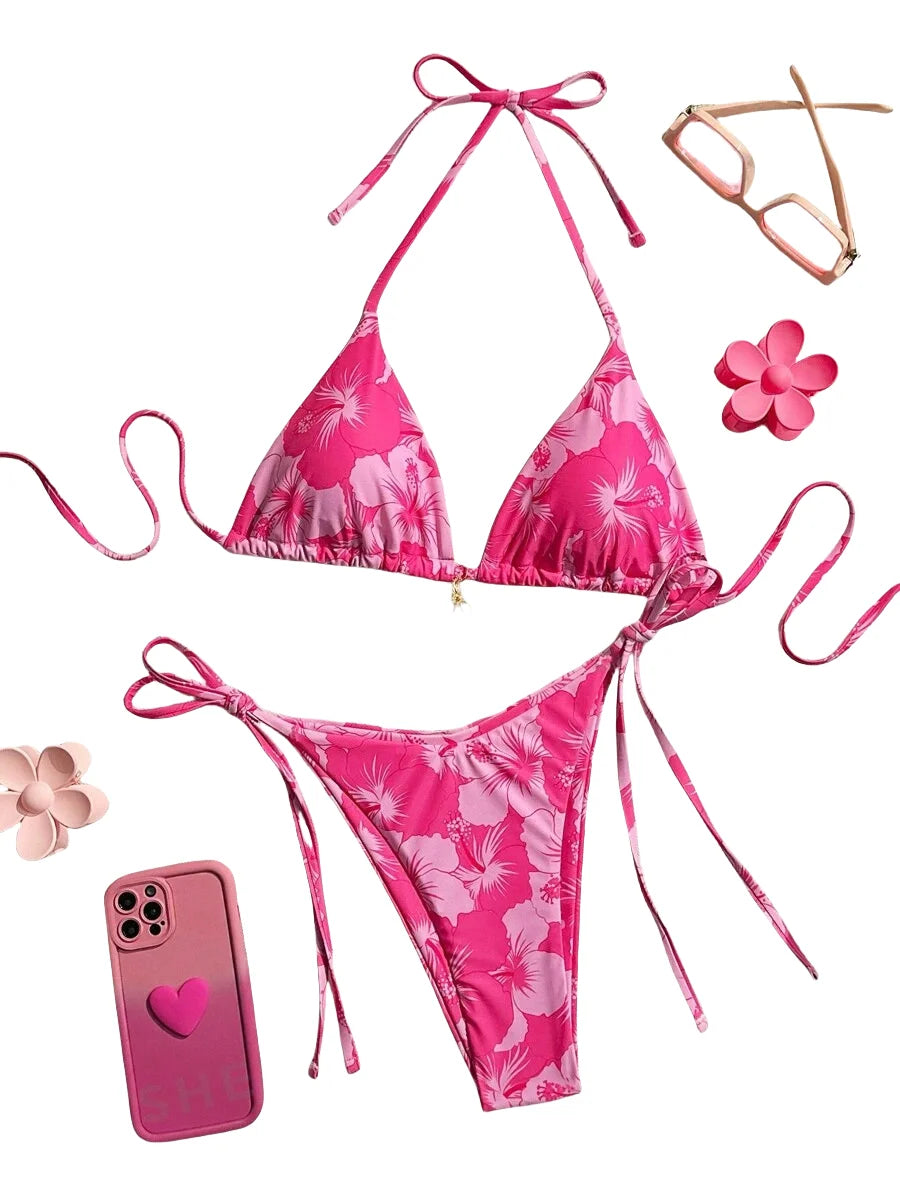2025 Triangle Cup Bikini Set Printed Design Adjustable Straps Lightweight Separates Women Swimwear Beach Vacation Essential