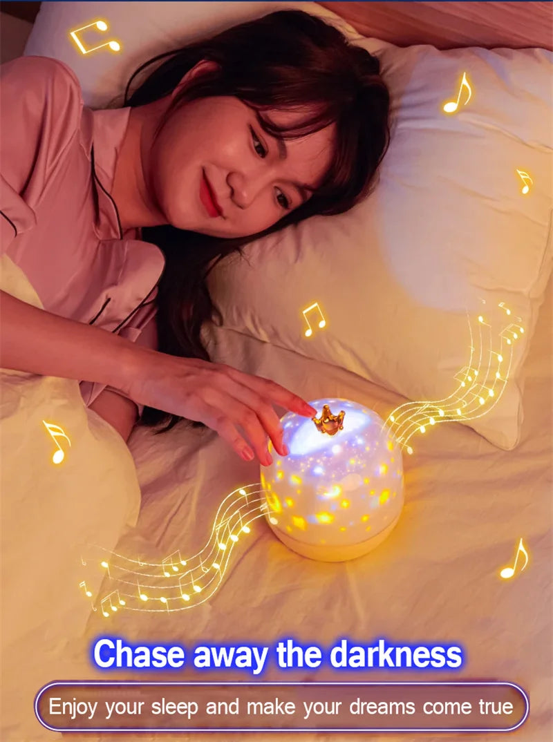 Crown Star Light Projection Rotating Star Bedroom Ceiling Atmosphere Night Lamp Stars Childrens Birthday Gift with Films Sheet
