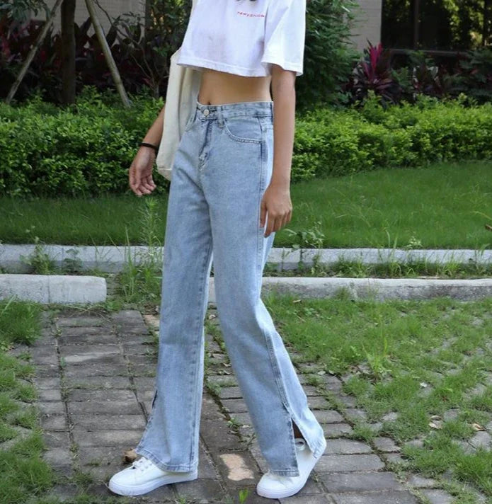 Con spacchi, jeans da donna, pantaloni in denim a gamba larga per le donne, pantaloni alla moda eleganti 2025, pantaloni larghi e lucidi più venduti in Corea del Sud.