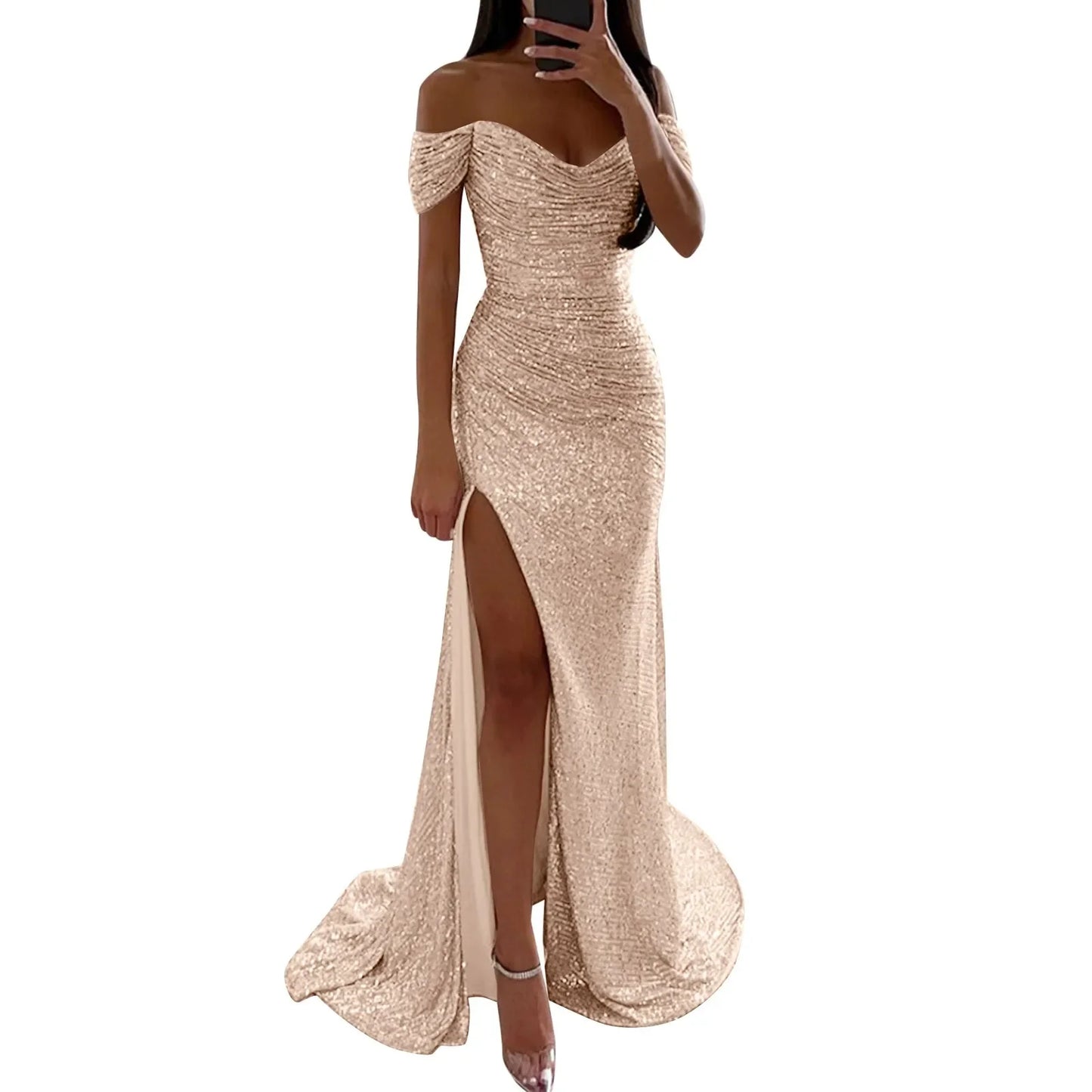 BWQ Women Off Shoulder Prom Dresses Elegant Sequin Solid Evening Party Dresses Ladies Wrap Split Sequined Maxi Formal Dress
