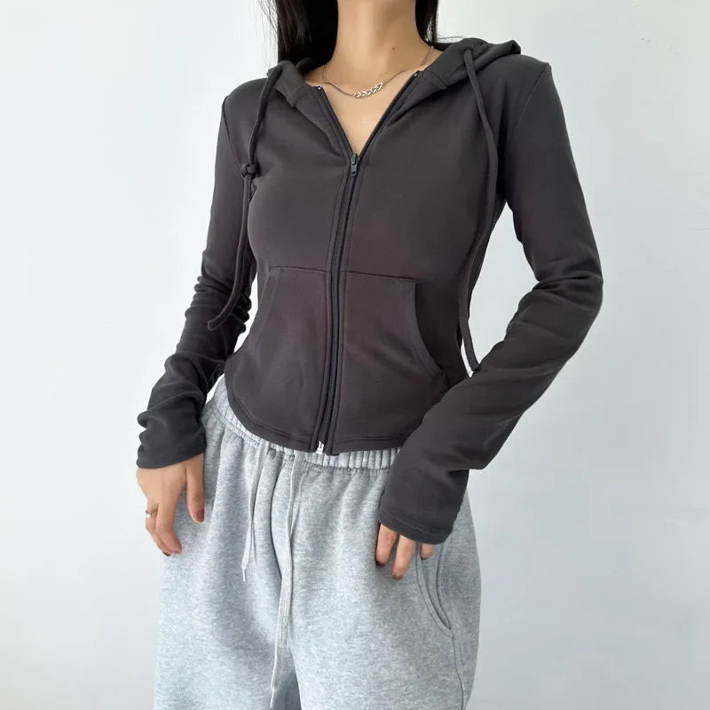 SMVP Streetwear Hooded Pockets Sweatshirt Women Casual Solid Sports Long Sleeve Hoodies Woman Autumn Slim Zipper Cropped Coat