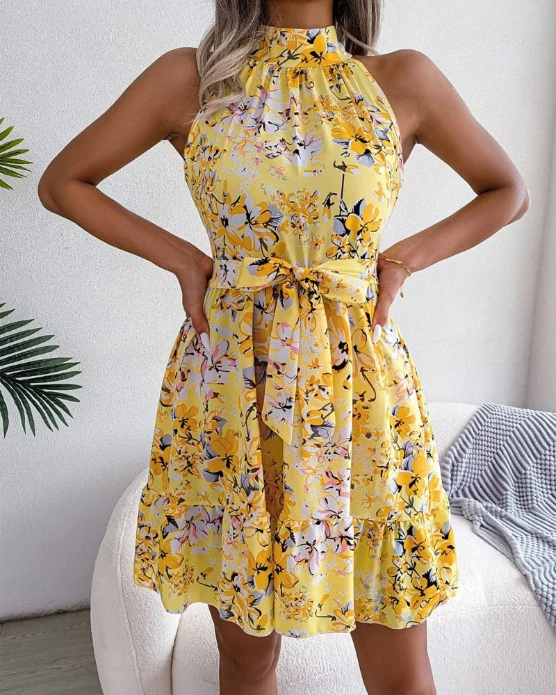 Spring Summer Floral Halter Neck Short Dresses Holiday Beach Sundress Casual Halter Short Dresses Clothes Women