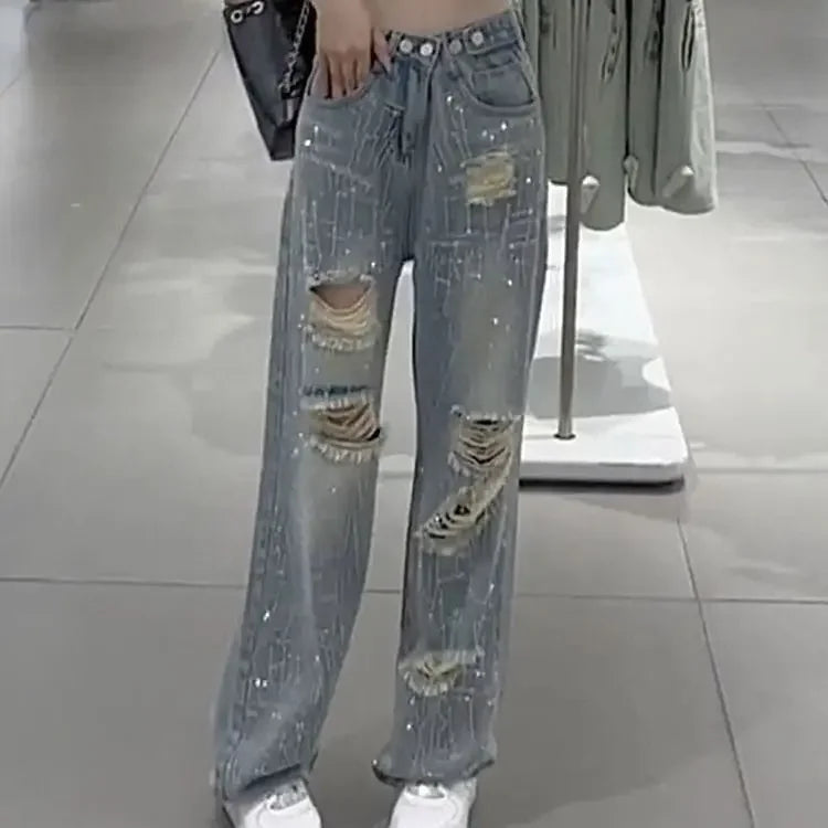 Pantaloni in denim da donna con strass, jeans da donna, gamba dritta, aderenti, larghi, tendenza 2025, economici, grunge, Y2K, pantaloni elasticizzati anni '90