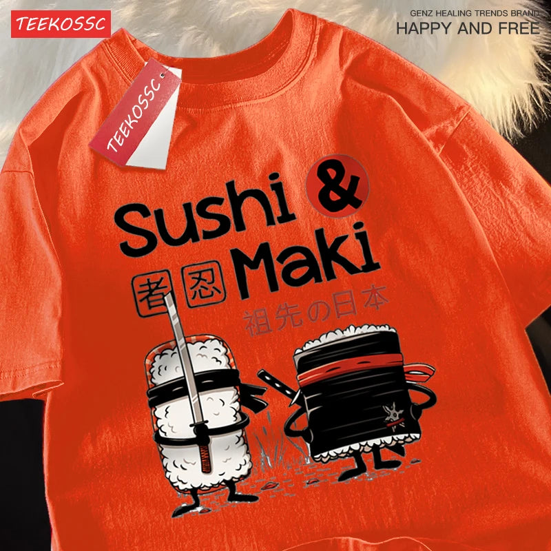 Theduc Sushi And Sushi Printing Men Women Tshirt Cotton T-Shirts Loose T Shirt Crewneck Loose Tops Fashion Clothes Unisex