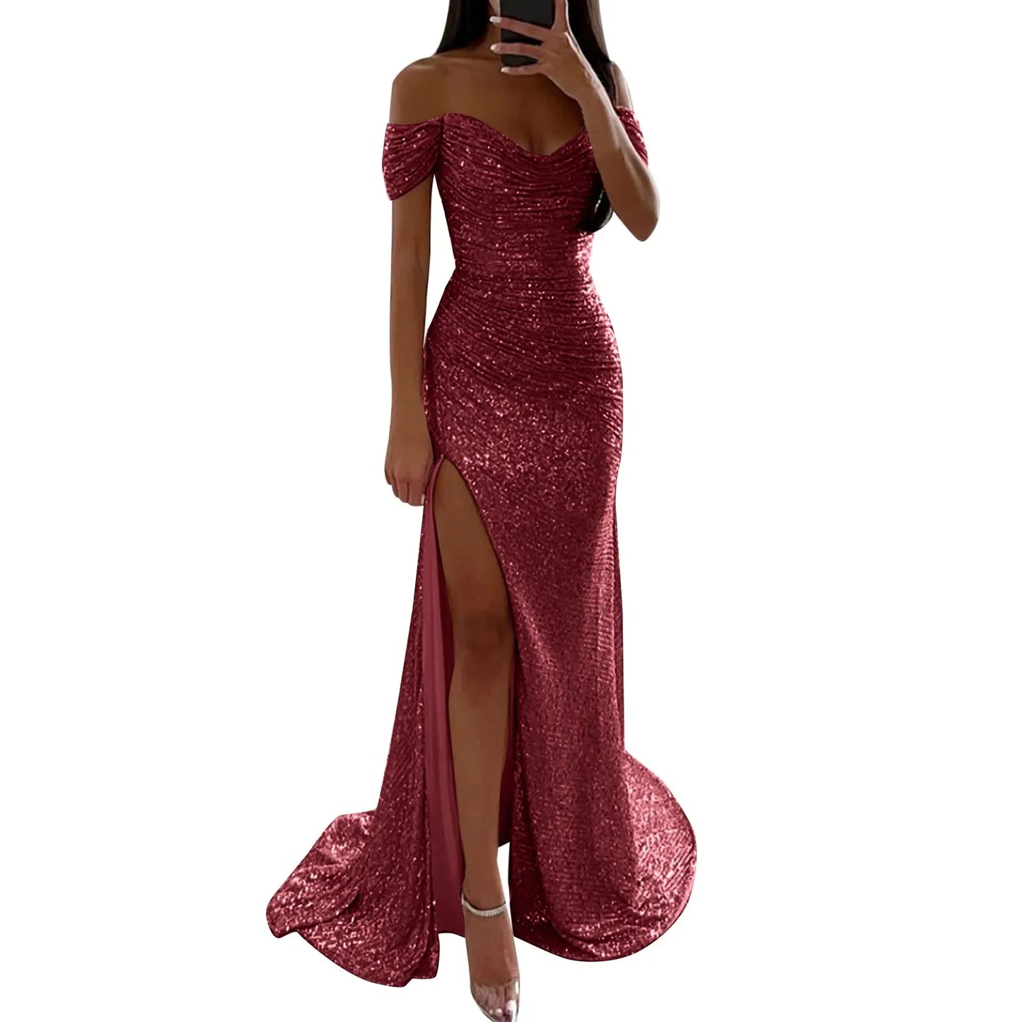 BWQ Women Off Shoulder Prom Dresses Elegant Sequin Solid Evening Party Dresses Ladies Wrap Split Sequined Maxi Formal Dress