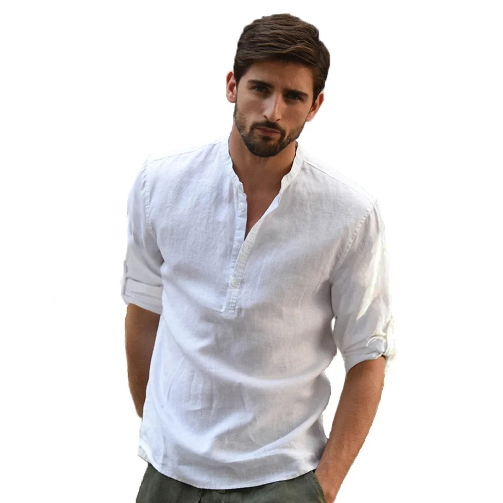 Cotton Linen Hot Sale Men's Long-Sleeved Shirts Summer Solid Color Stand-Up Collar Casual Beach Style Plus Size Linen Man Tops