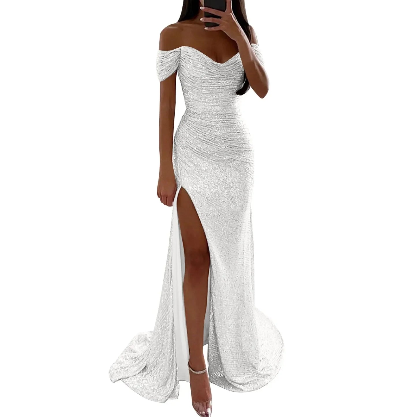 BWQ Women Off Shoulder Prom Dresses Elegant Sequin Solid Evening Party Dresses Ladies Wrap Split Sequined Maxi Formal Dress