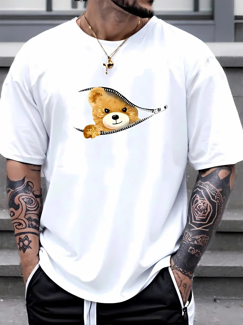 Summer Men's Trendy Bear Pattern Printed T-shirt for Men and Women Suitable for Casual Breathable Top