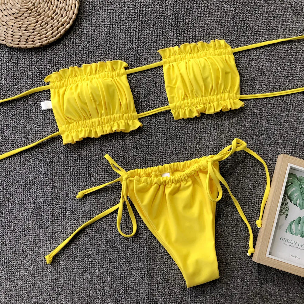 Sexy Bikini 2025 Pleated Bandeau Swimsuit Female Swimwear Women Mini Thong Bikini Set Bather Swimming Beachwear for Bathing Suit