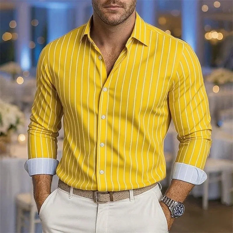 Men's loose striped shirt, casual breathable lapel button long sleeve shirt, festive wedding shirt, soft and comfortable fabric