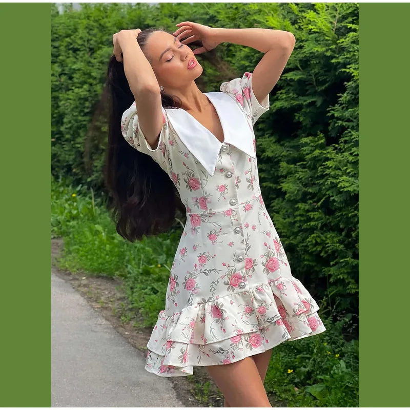 Sweet Floral Printed Ruffle Hem Dress Chic A-line Lapel Puff Sleeve Dresses For Women 2025 Summer Lady Holiday Street Gowns New