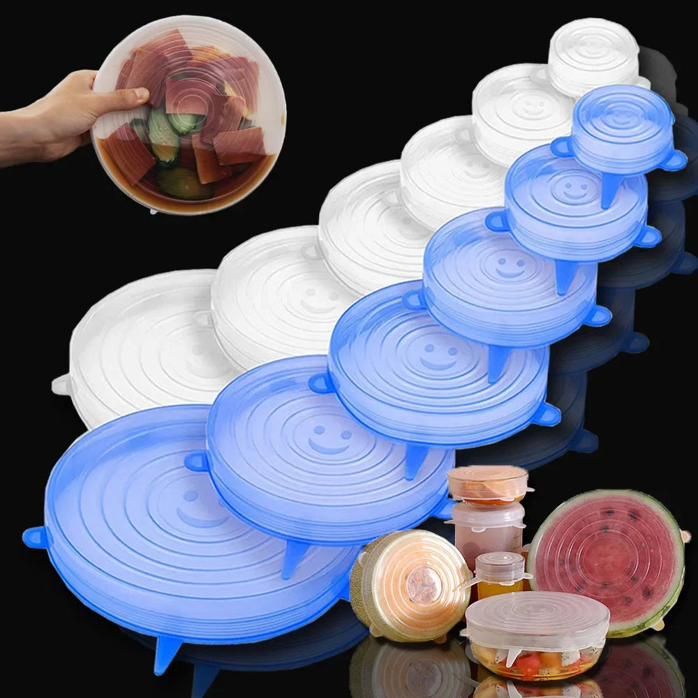 6 Pcs/Set Reusable Silicone Covers Caps Adaptable Silicone Lids For Cans Food Dishes Fresh-keeping Kitchen Accessories Utensils