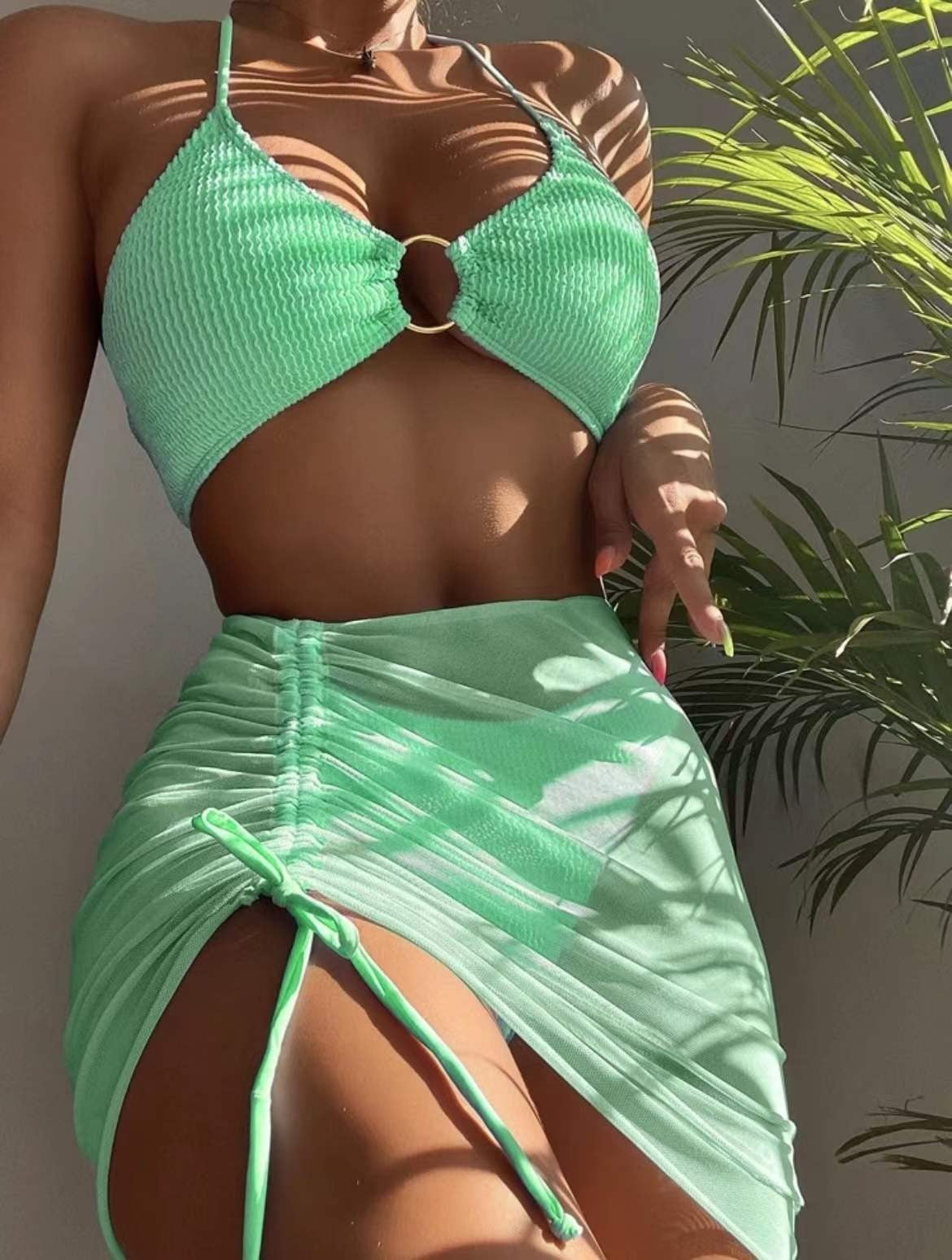 New High Elastic Bikini Set for 2025 Summer Three-piece Solid Color Lace-up Sexy Women Swimsuit Beach Bathing Suit Swimwear