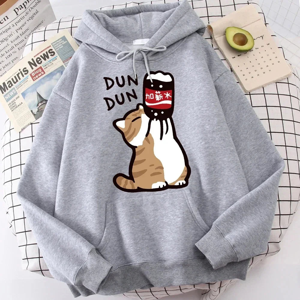 Cartoon Cat Drink Salary Increase Beverages women Hooded Sweaters Casual Hoodies Pleasure Sweatshirts Home Harajuku Tops