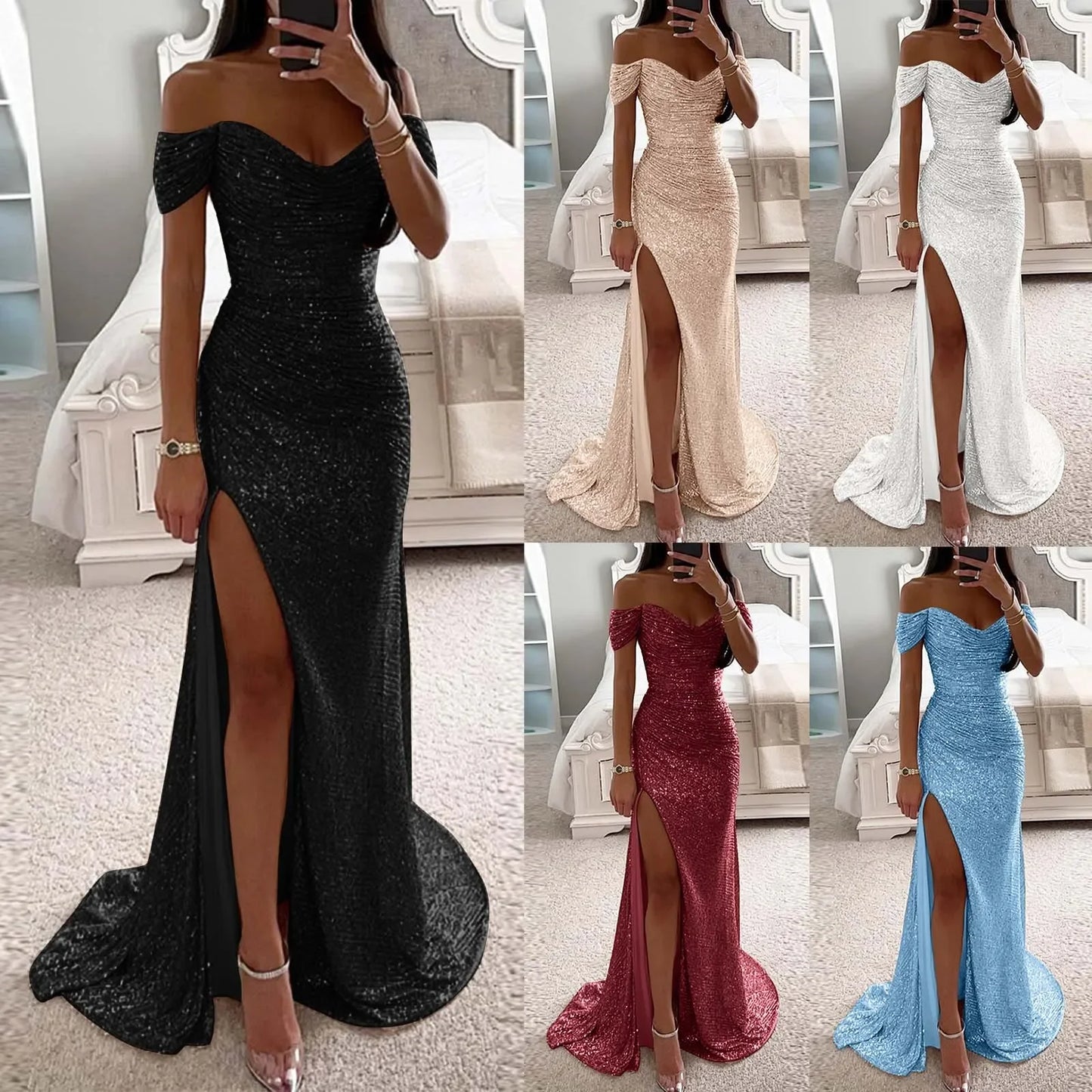 BWQ Women Off Shoulder Prom Dresses Elegant Sequin Solid Evening Party Dresses Ladies Wrap Split Sequined Maxi Formal Dress