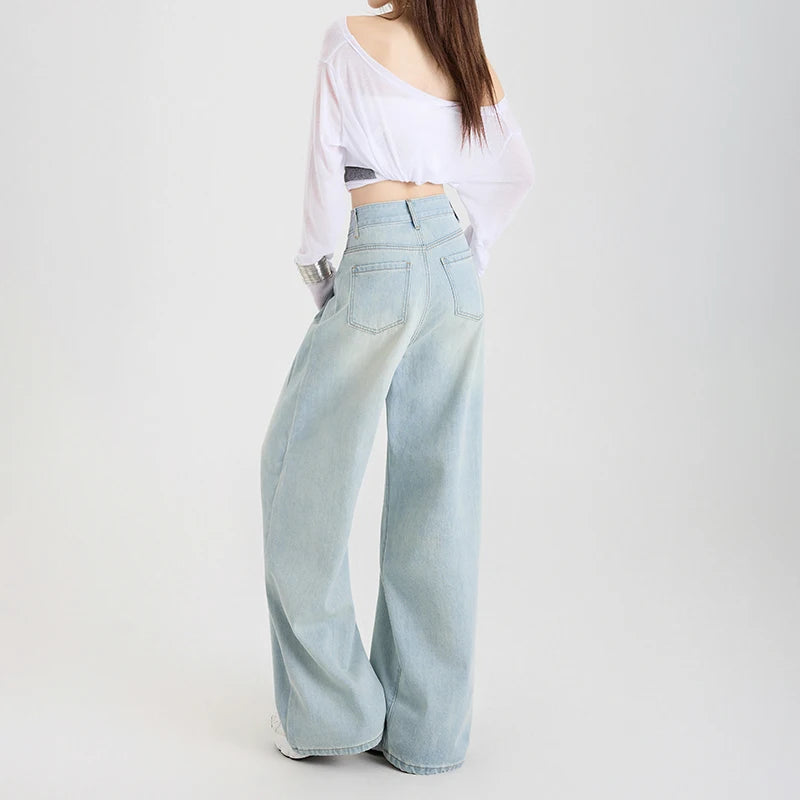 Woman Jeans High Waist Wide Leg Cotton Denim Clothing Design Sense Straight Pant Fashion Comfort White Retro Blue Casual Trouser