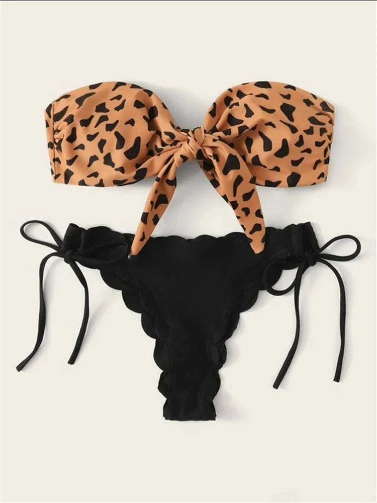 Beach Bikini 2024 Woman Sexy Front Lace Up Tie Bandeau Leopard Swimsuit Female Push Up Ruffled Bow Bathing Suit Thong Swimwear