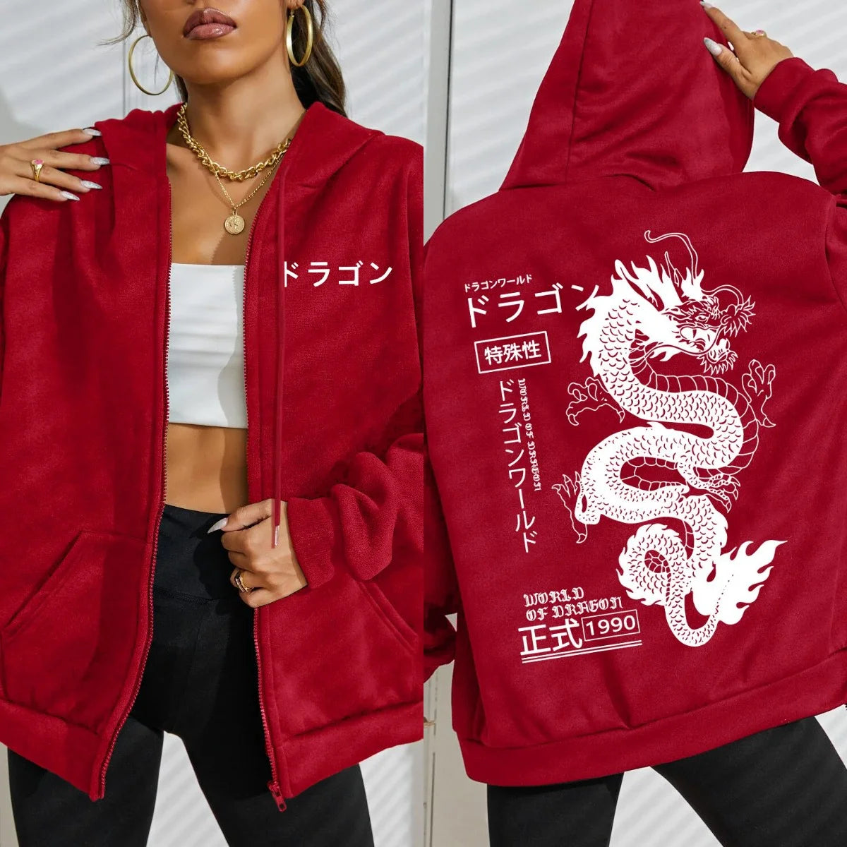 World Of Dragon Special 1990 Pattern Women Zipper Hoodie Trendy Fleece Hoody Casual Autumn Sportswear Retro Loose Streetwear
