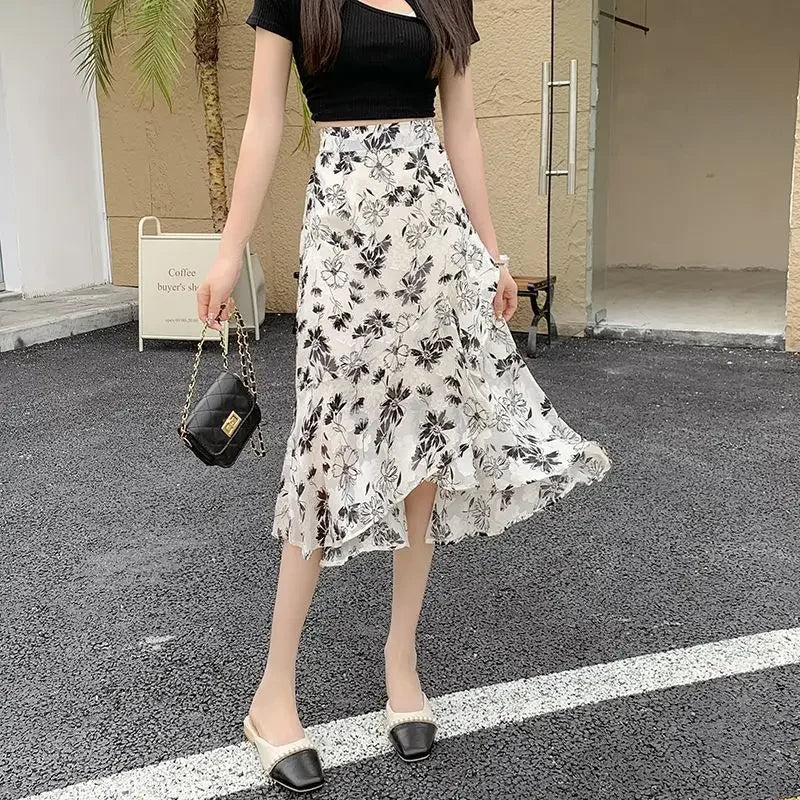 Blue Woman Skirt Floral Midi Ruffle Chiffon A Line Y2k Vintage Chic and Elegant Aesthetic Streetwear 2025 Trend Skirts for Women