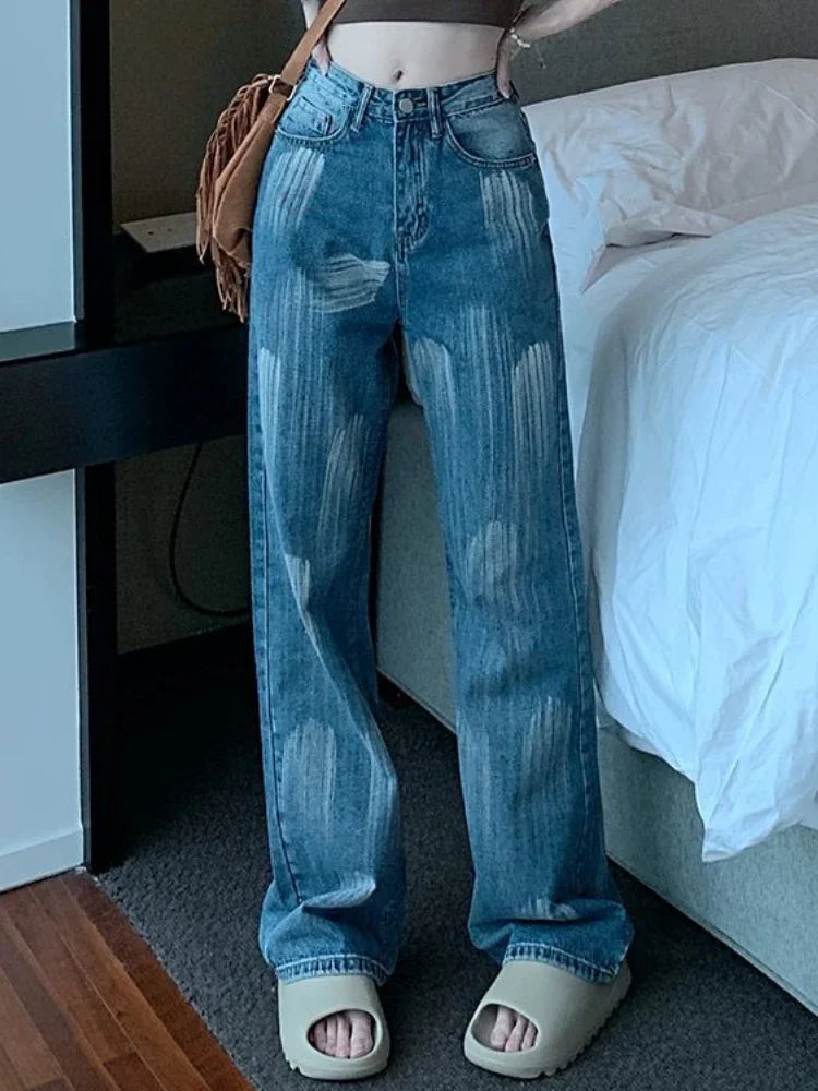 Women's Jeans Straight Leg Loosefit Female Cowboy Pants 2025 Korean Style Size X Larg Unique Cheap Medium Wash Fashion Trousers
