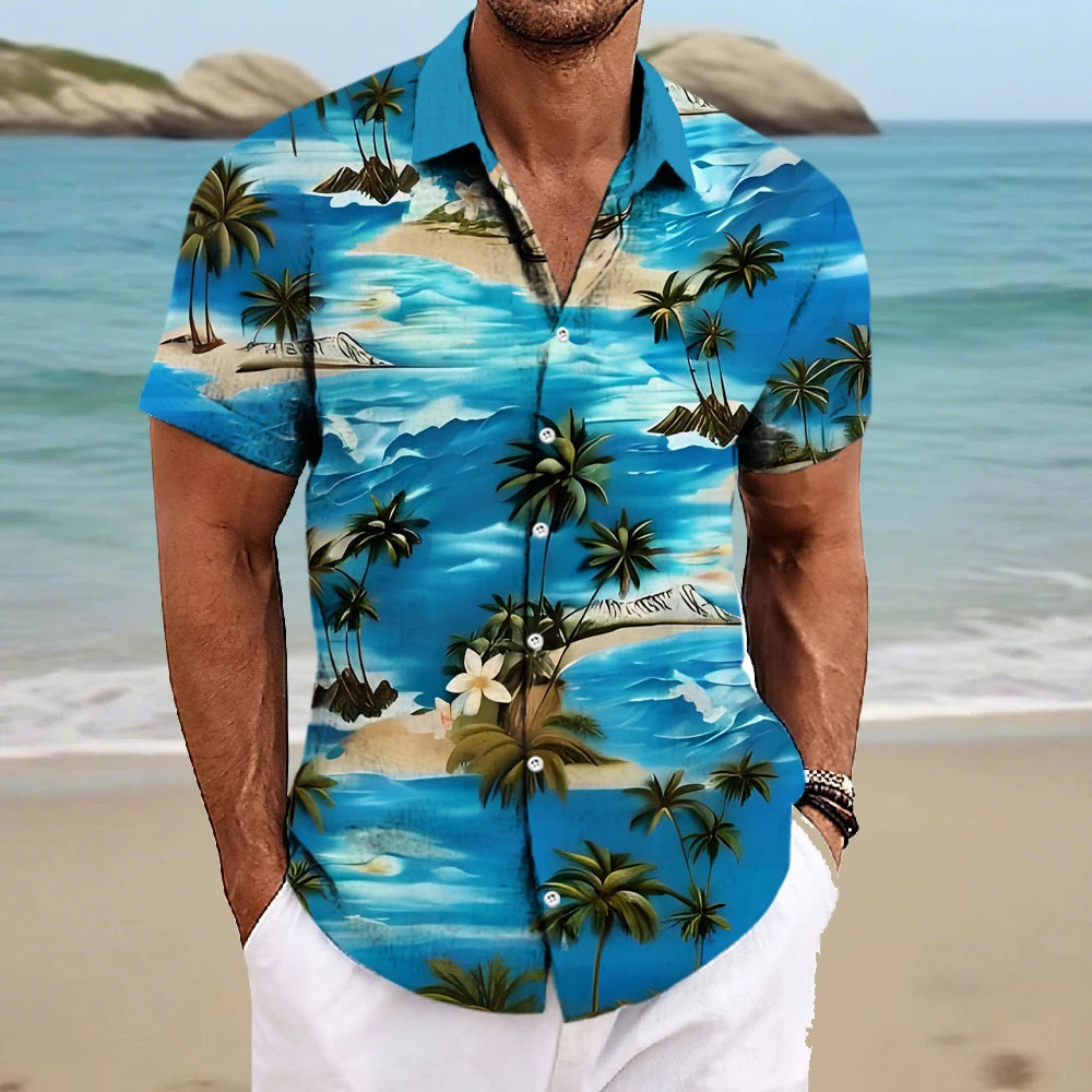 Beach Men's Lapel Shirt Summer Short Sleeve Outdoor Everyday Shirt Tops Landscape Printed Pattern OverSize Loose Men Clothing