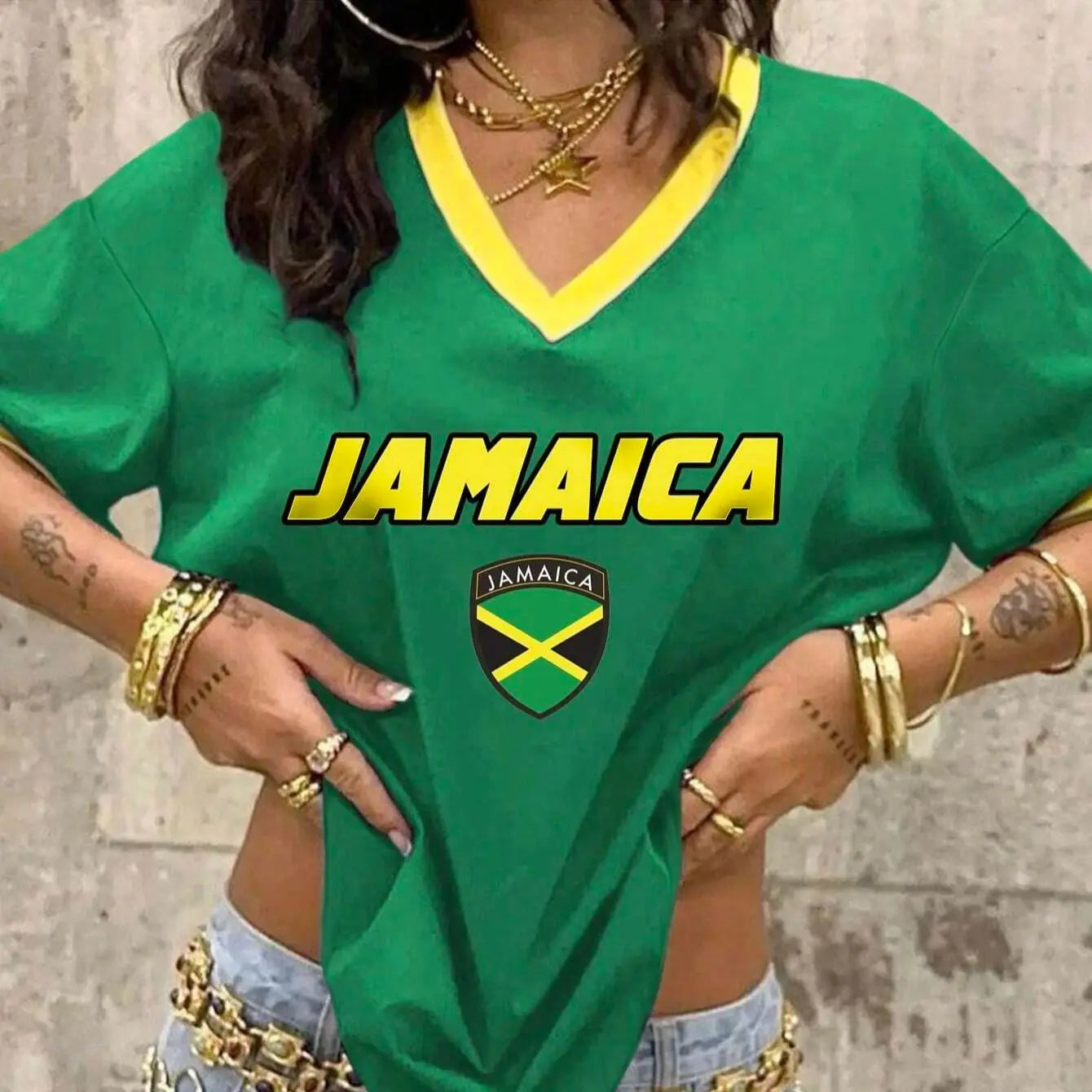 Jamaica Letter Printed Jersey T-Shirt V-Neck Loose Polyester Fabric Short Sleeved Fashionable Streetwear Women'S Clothing Top