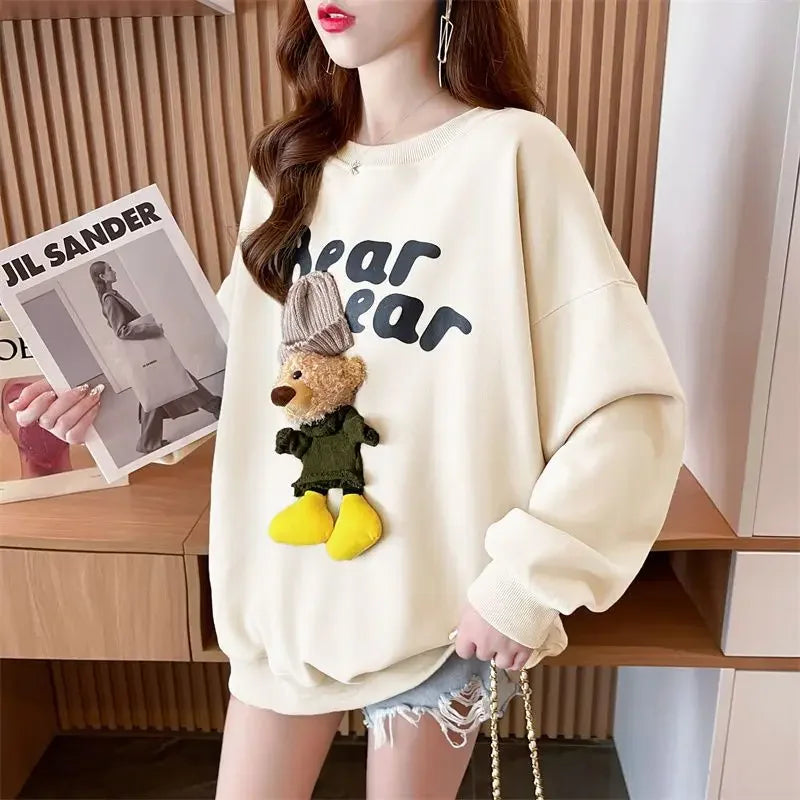 Women's Clothing Trendy Funny Cute 3D Cartoon Bear Streetwear Y2K Sweatshirt Korean O Neck Long Sleeve Oversize Pullover Hoodies