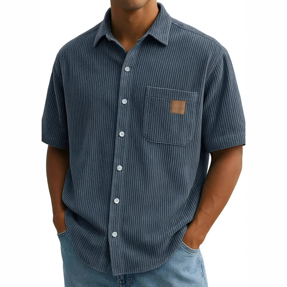 Men's Summer Shirts Elegant Shirt Luxury Clothes Man Retro Corduroy Short Sleeve Shirt Casual Fashion Logo Patch 2025