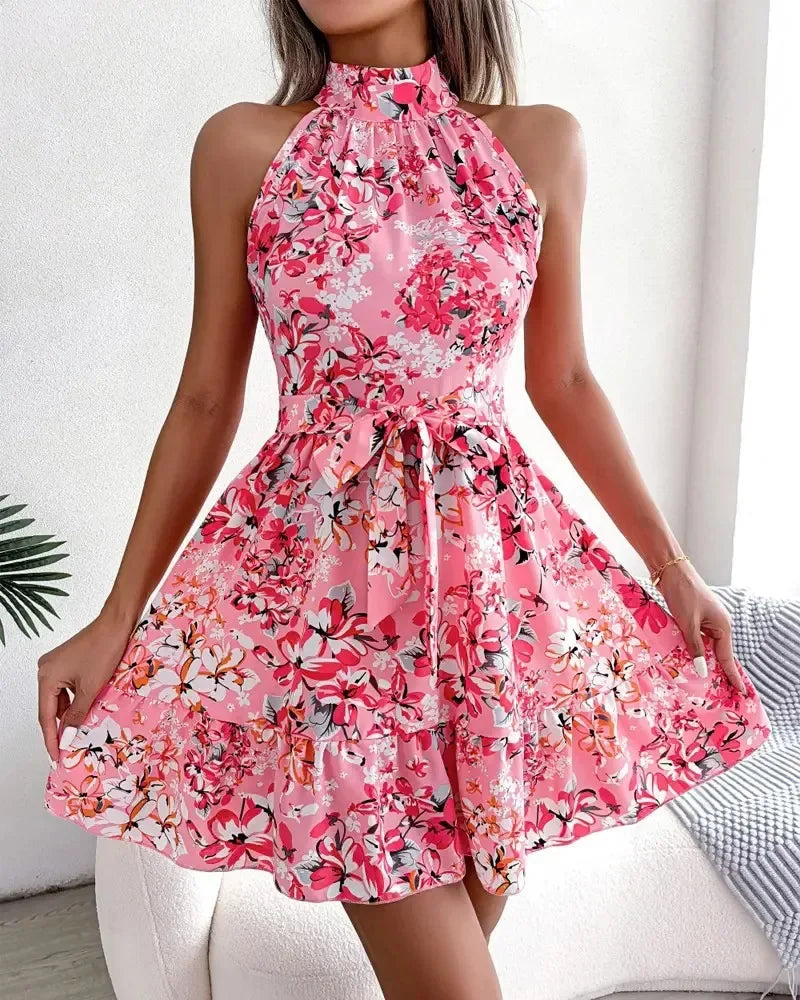 Spring Summer Floral Halter Neck Short Dresses Holiday Beach Sundress Casual Halter Short Dresses Clothes Women