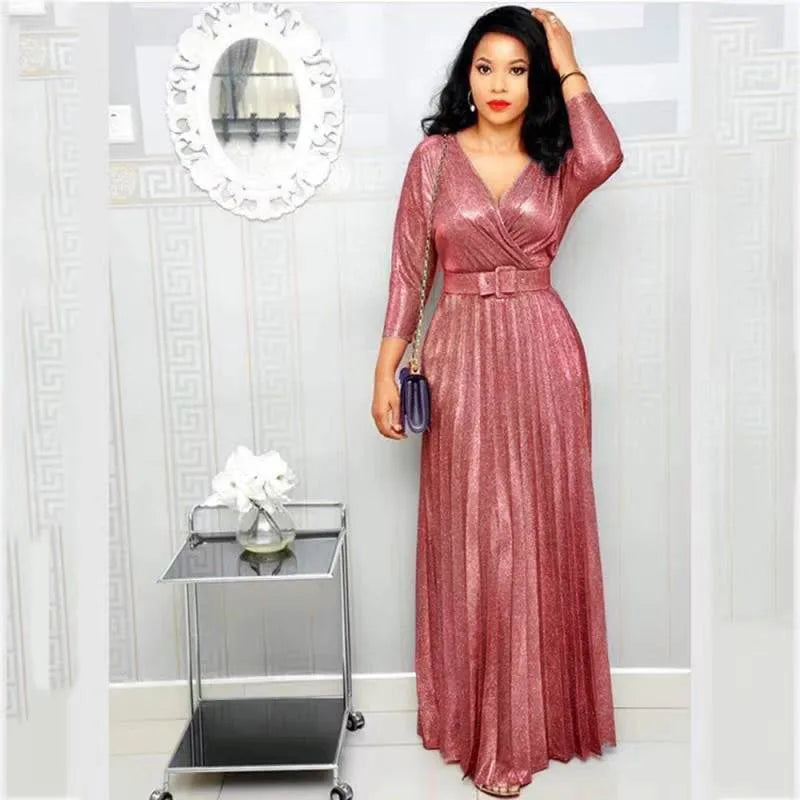 Fashion Elegant Long Sleeve V Neck High Waist Party Cocktail Graduation Pleated Dress Women Sexy Sequins Evening Dress